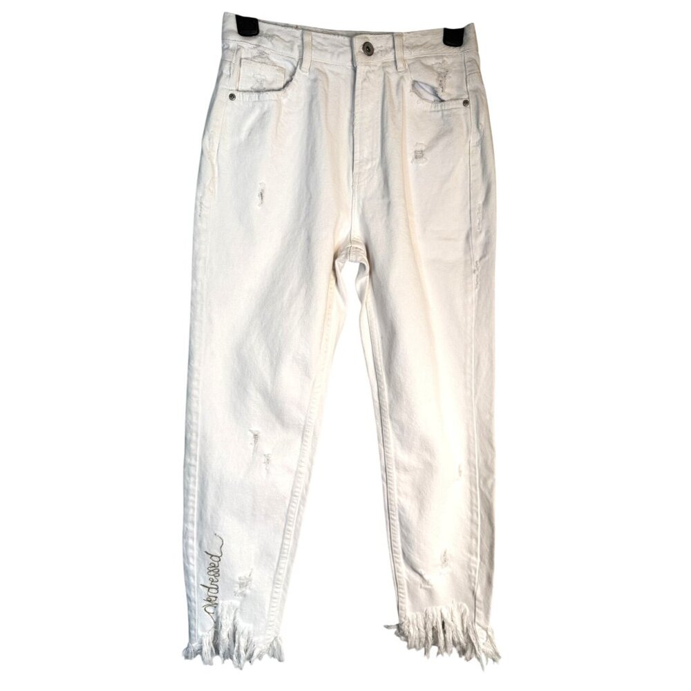 2/$30 ZARA Trafaluc Waist 24 Distressed White Denim Jeans Frayed Hem & "Overdres